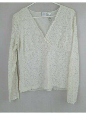 Emma James Women's Lined White Floral Lace Blouse Size Large